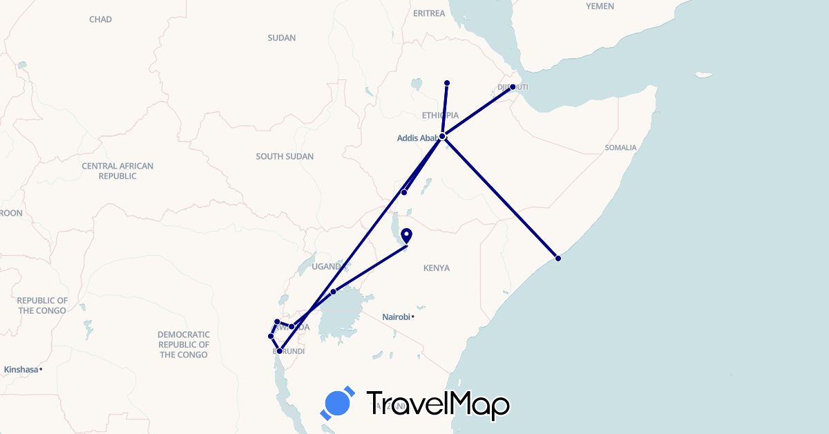 TravelMap itinerary: driving in Burundi, Democratic Republic of the Congo, Djibouti, Ethiopia, Rwanda, Somalia, Uganda (Africa)